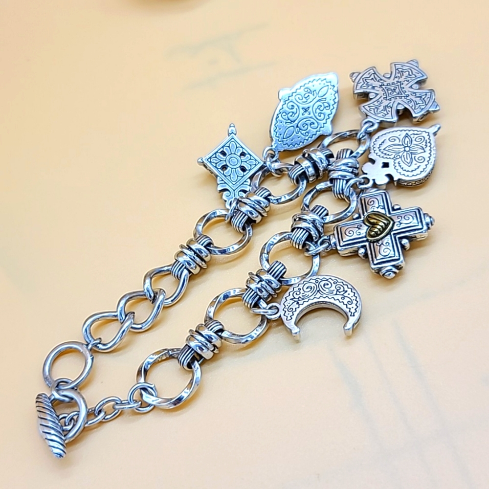 $110 Brighton "CHERISH" Multi Two-Tone Cross, Moon, & Heart Charm Bracelet RARE - Picture 7 of 11